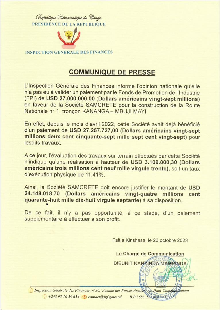 Pour Non respect de la clause, L’IGF bloque les fonds de la société SAMCRETE