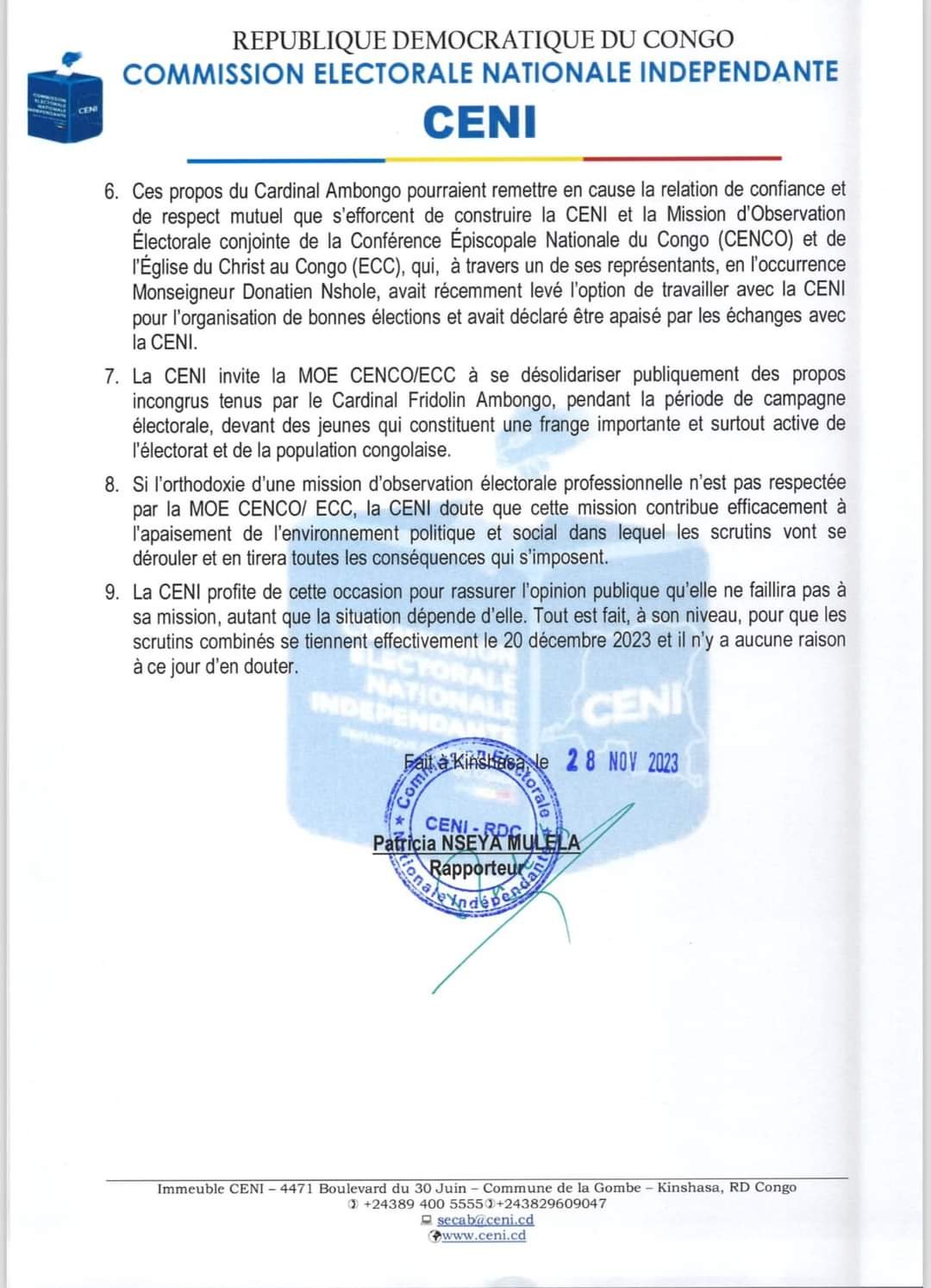 La ceni au cardinal Ambongo : au lieu de jouer à l’unité, vous contribuez à la diffusion La ceni au cardinal Ambongo : au lieu de jouer à l’unité, vous contribuez à la diffusion