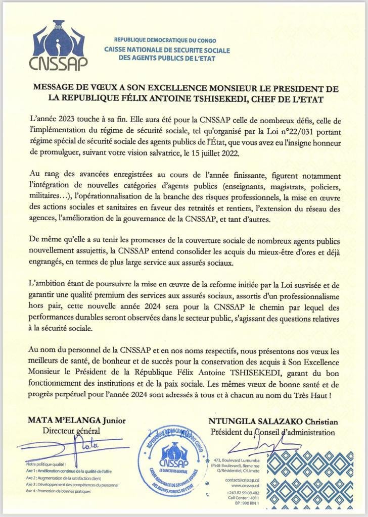 CNSSAP : MESSAGE DE VŒUX AU Président DE LA RÉPUBLIQUE Félix-Antoine Tshisekedi CNSSAP : MESSAGE DE VŒUX AU Président DE LA RÉPUBLIQUE Félix-Antoine Tshisekedi