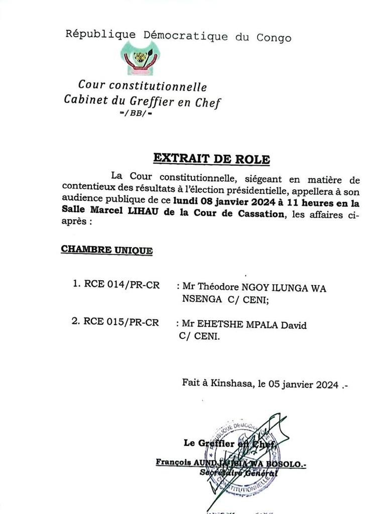 Contentieux électoraux : La cour constitutionnelle fixe l’opinion ce lundi 08 janvier sur la réélection de Félix Tshisekedi
 Contentieux électoraux : La cour constitutionnelle fixe l’opinion ce lundi 08 janvier sur la réélection de Félix Tshisekedi