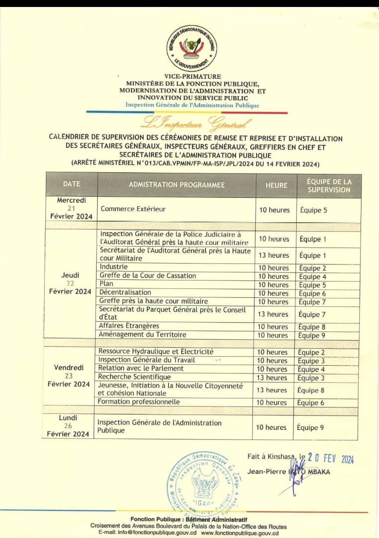 FONCTION PUBLIQUE : PROGRAMME D’INSTALLATION, REMISE ET REPRISE DES SECRÉTAIRES GÉNÉRAUX ET AUTRES PERSONNELS ADMINISTRATIFS