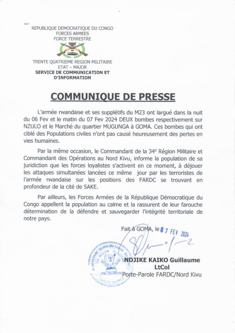 NORD-KIVU : LES FARDC CONFIRMENT LES ATTAQUES DU M23 ET DU RWANDA A GOMA ET SAKE NORD-KIVU : LES FARDC CONFIRMENT LES ATTAQUES DU M23 ET DU RWANDA A GOMA ET SAKE