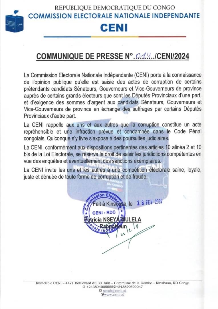RDC : ELECTION DES SÉNATEURS, GOUVERNEURS ET VICE – GOUVERNEURS, LA CENI ACCUSE LES CANDIDATS ET LES ÉLECTEURS… RDC : ELECTION DES SÉNATEURS, GOUVERNEURS ET VICE – GOUVERNEURS, LA CENI ACCUSE LES CANDIDATS ET LES ÉLECTEURS…