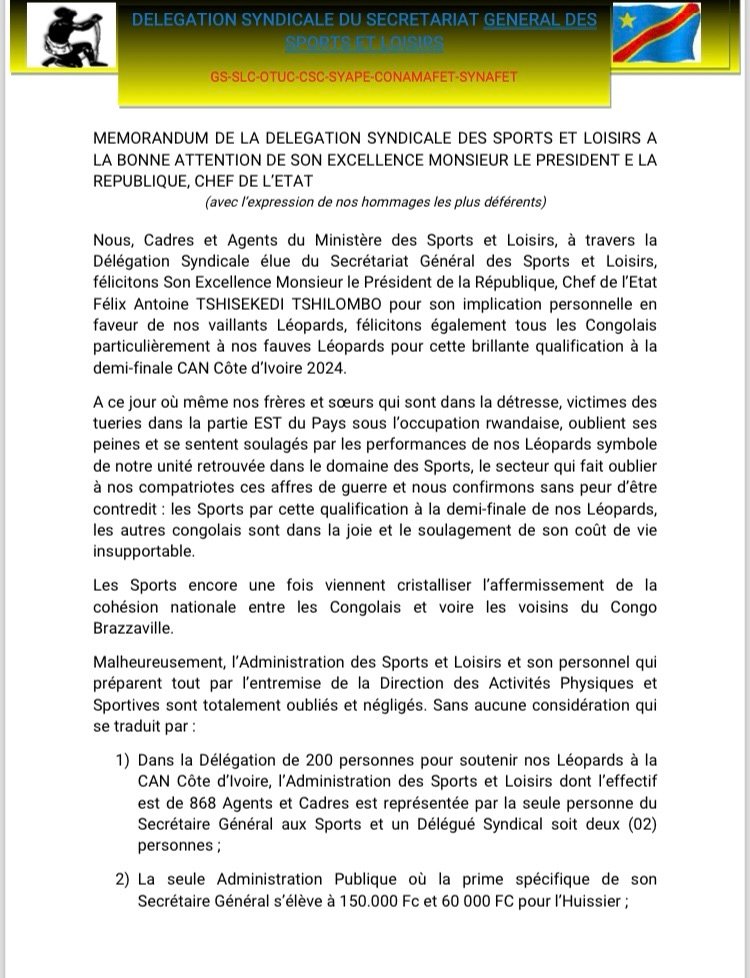 RDC : CRI DE DÉTRESSE DU SECRÉTARIAT GENERAL DES SPORTS AU CHEF DE L’ ETAT AVANT LA FORMATION DU PROCHAIN GOUVERNEMENT RDC : CRI DE DÉTRESSE DU SECRÉTARIAT GENERAL DES SPORTS AU CHEF DE L’ ETAT AVANT LA FORMATION DU PROCHAIN GOUVERNEMENT