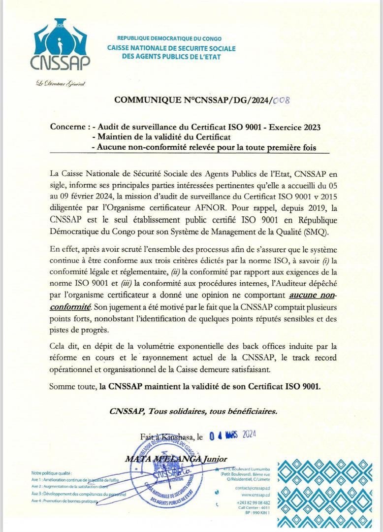 CNSSAP – AUDIT QUALITE 2024 : UNE PREMIÈRE, MAINTIEN DE LA VALIDITÉ DU CERTIFICAT ISO 9001, AUCUNE NON-CONFORMITÉ ENREGISTRÉE CNSSAP – AUDIT QUALITE 2024 : UNE PREMIÈRE, MAINTIEN DE LA VALIDITÉ DU CERTIFICAT ISO 9001, AUCUNE NON-CONFORMITÉ ENREGISTRÉE