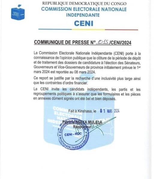 CENI : REPORT CONFIRMÉ POUR LE DEPOT ET LE TRAITEMENT DES CANDIDATS SÉNATEURS ET GOUVERNEURS CENI : REPORT CONFIRMÉ POUR LE DEPOT ET LE TRAITEMENT DES CANDIDATS SÉNATEURS ET GOUVERNEURS