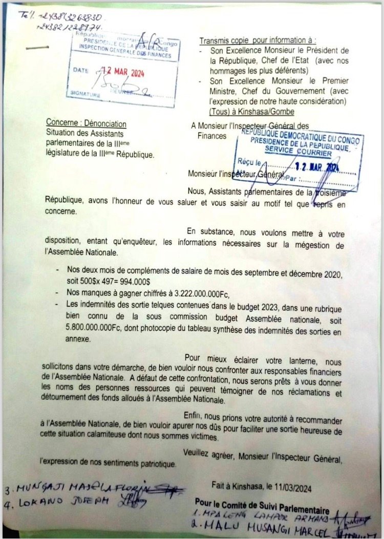 ASSEMBLEE NATIONALE : LES PREUVES DE DETOURNEMENT DE MBOSO KODIA DÉPOSÉES A L’ IGF ASSEMBLEE NATIONALE : LES PREUVES DE DETOURNEMENT DE MBOSO KODIA DÉPOSÉES A L’ IGF