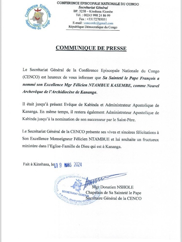 CENCO; Monseigneur NTAMBUE KASEMBI NOUVEL ARCHEVÊQUE DE KANANGA