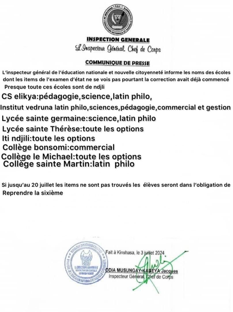 RDC : EXAMEN D’ ETAT 2023- 2024, L ‘ INSPECTION GÉNÉRALE DE L’ ÉDUCATION EST À LA RECHERCHE DES AUTEURS D’UN FAUX DOCUMENT … RDC : EXAMEN D’ ETAT 2023- 2024, L ‘ INSPECTION GÉNÉRALE DE L’ ÉDUCATION EST À LA RECHERCHE DES AUTEURS D’UN FAUX DOCUMENT …