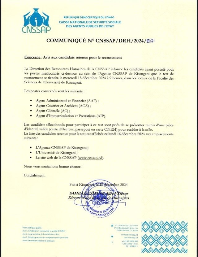 COMMUNIQUE N°036 Avis aux candidats retenus pour le recrutement COMMUNIQUE N°036 Avis aux candidats retenus pour le recrutement