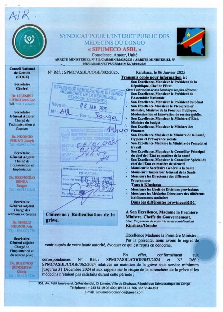 RDC : IL Y A PÉRIL EN DEMEURE AVEC LA GRÈVE DES MÉDECINS DES SERVICES PUBLICS !  RDC : IL Y A PÉRIL EN DEMEURE AVEC LA GRÈVE DES MÉDECINS DES SERVICES PUBLICS !