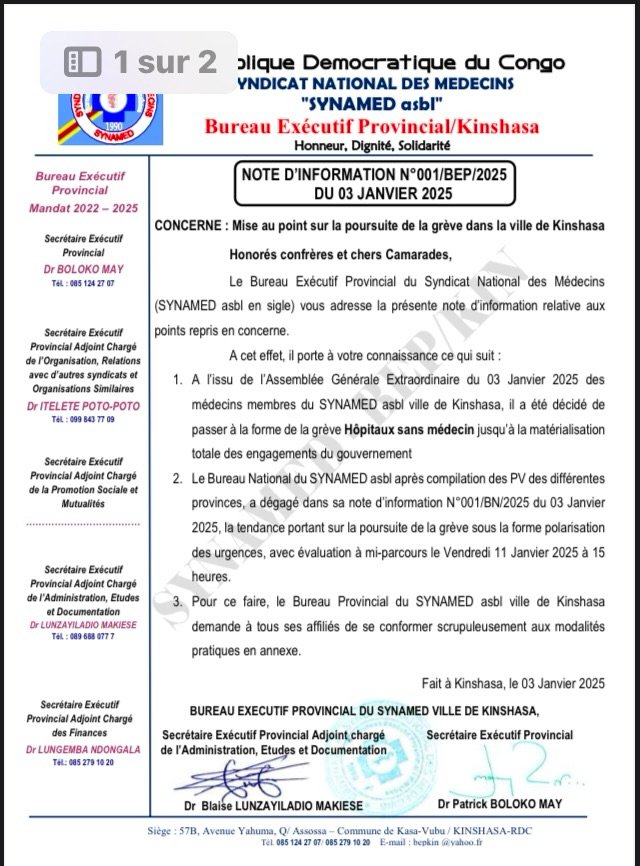 URGENCES…        À l’issue de la compilation des PV des assemblées tenues ce vendredi 03 janvier 2025 à travers le pays pour évaluer la grève lancée depuis le samedi 28 décembre dernier , le Bureau exécutif du Synamed décide de poursuivre la grève sous la forme polarisation des urgences avec une évaluation à mi–parcours le vendredi 11 janvier 2025 URGENCES…        À l’issue de la compilation des PV des assemblées tenues ce vendredi 03 janvier 2025 à travers le pays pour évaluer la grève lancée depuis le samedi 28 décembre dernier , le Bureau exécutif du Synamed décide de poursuivre la grève sous la forme polarisation des urgences avec une évaluation à mi–parcours le vendredi 11 janvier 2025