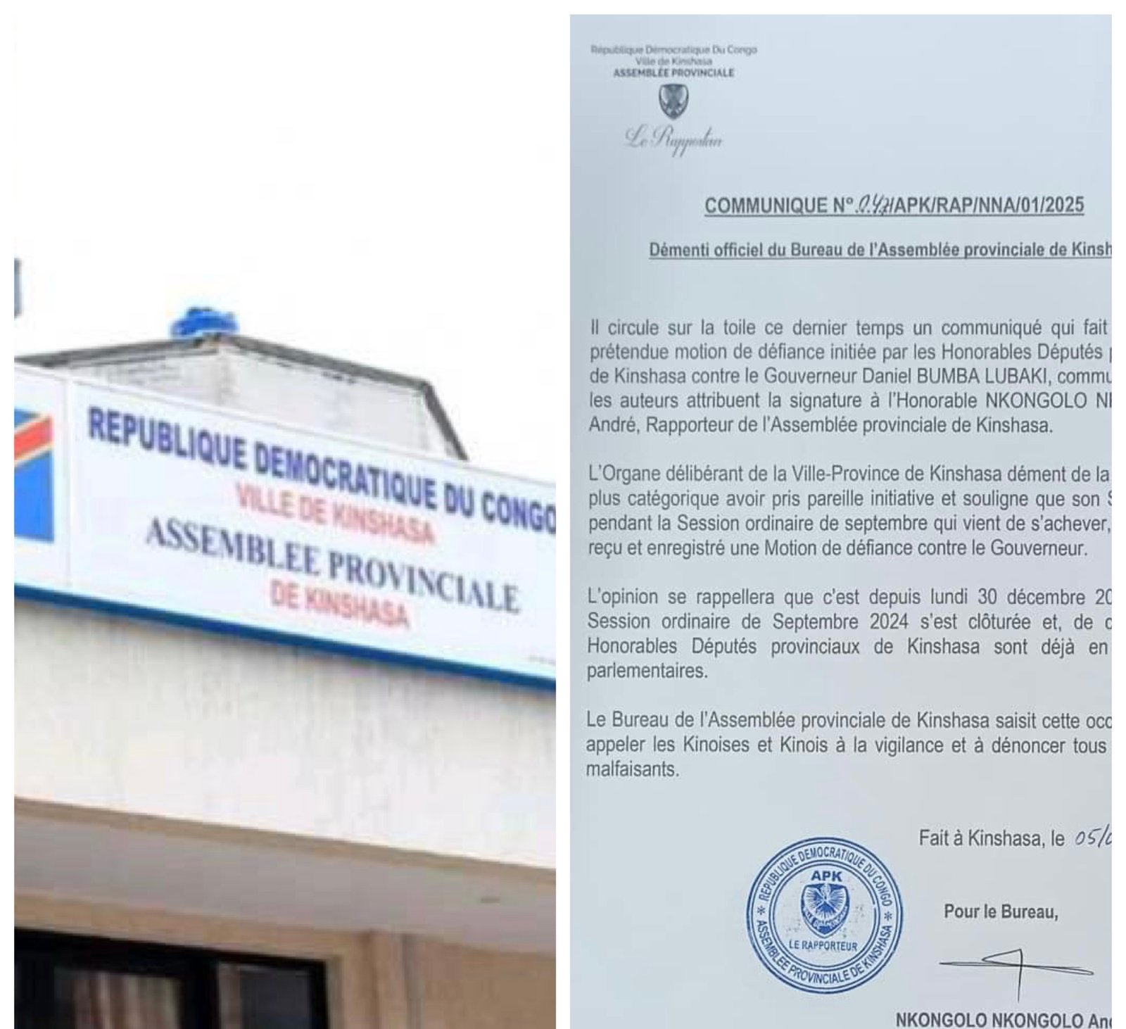KINSHASA : L’Assemblée Provinciale dément le bruit d’une prétendue motion contre le Gouverneur Daniel Bumba…  KINSHASA : L’Assemblée Provinciale dément le bruit d’une prétendue motion contre le Gouverneur Daniel Bumba…
