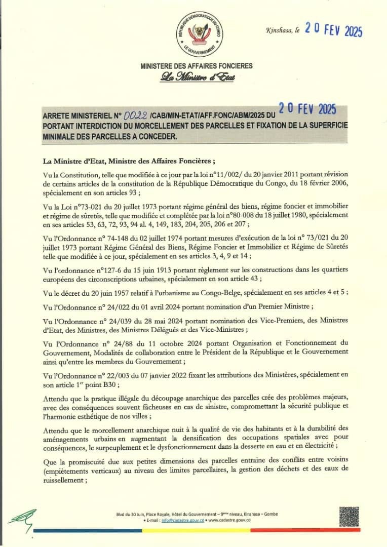 RDC : LE GOUVERNEMENT SUMINWA INTERDIT DÉSORMAIS LA VENTE D’UNE PARCELLE MORCELÉE SANS AUTORISATION PRÉALABLE !