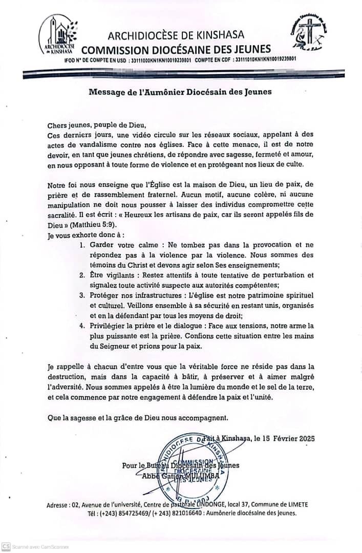 KINSHASA : MENACE DES ACTES DE VANDALISME CONTRE LES ÉGLISES CE DIMANCHE 15 FÉVRIER 2025 , L’ ARCHIDIOCÈSE DE KINSHASA LANCE UN MESSAGE DE PAIX …