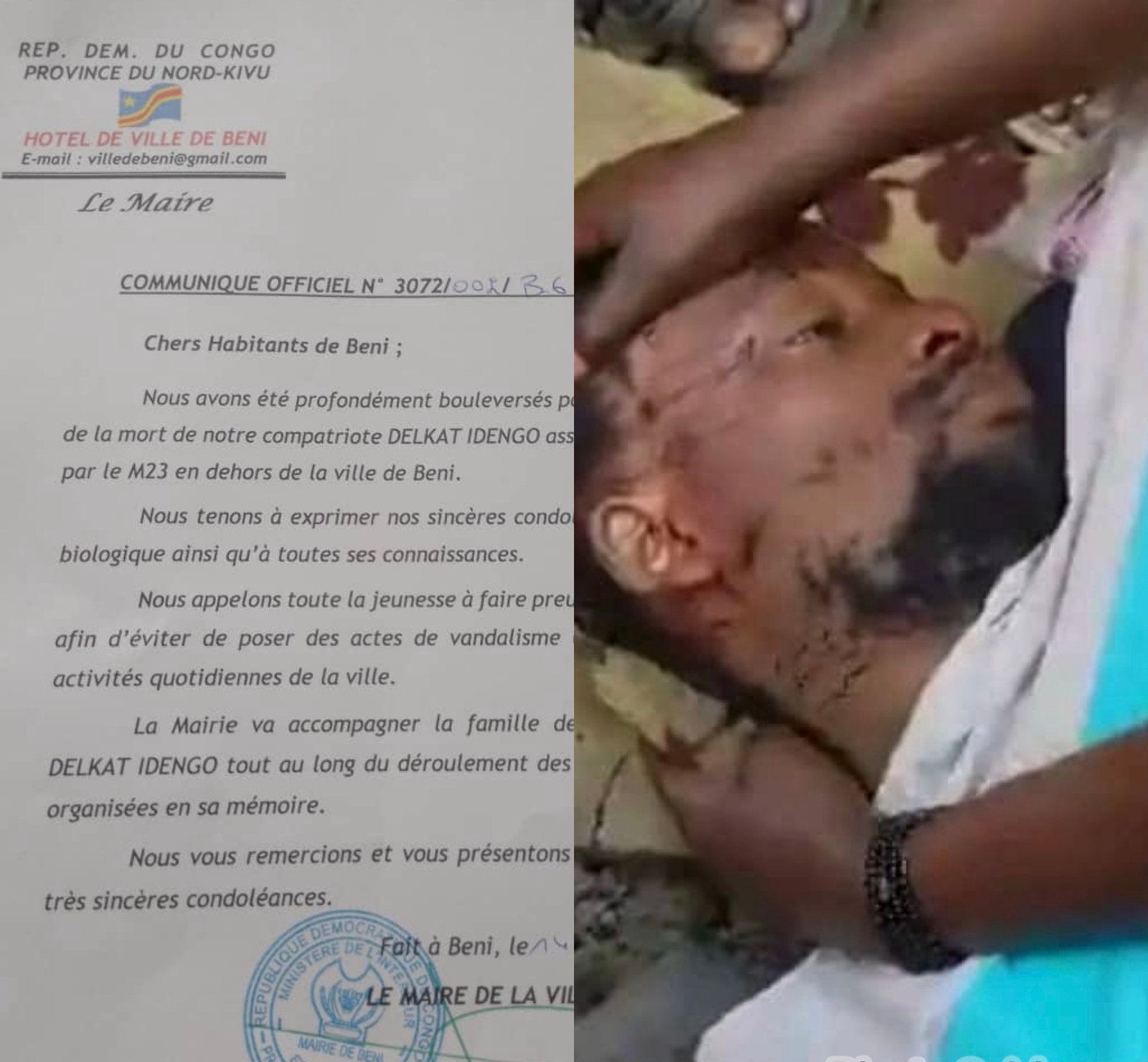 NORD – KIVU : ASSASSINAT ODIEUX DE DELCAT IDINCO, LE MAIRE DE BÉNI LANCE UN APPEL À LA POPULATION … NORD – KIVU : ASSASSINAT ODIEUX DE DELCAT IDINCO, LE MAIRE DE BÉNI LANCE UN APPEL À LA POPULATION …