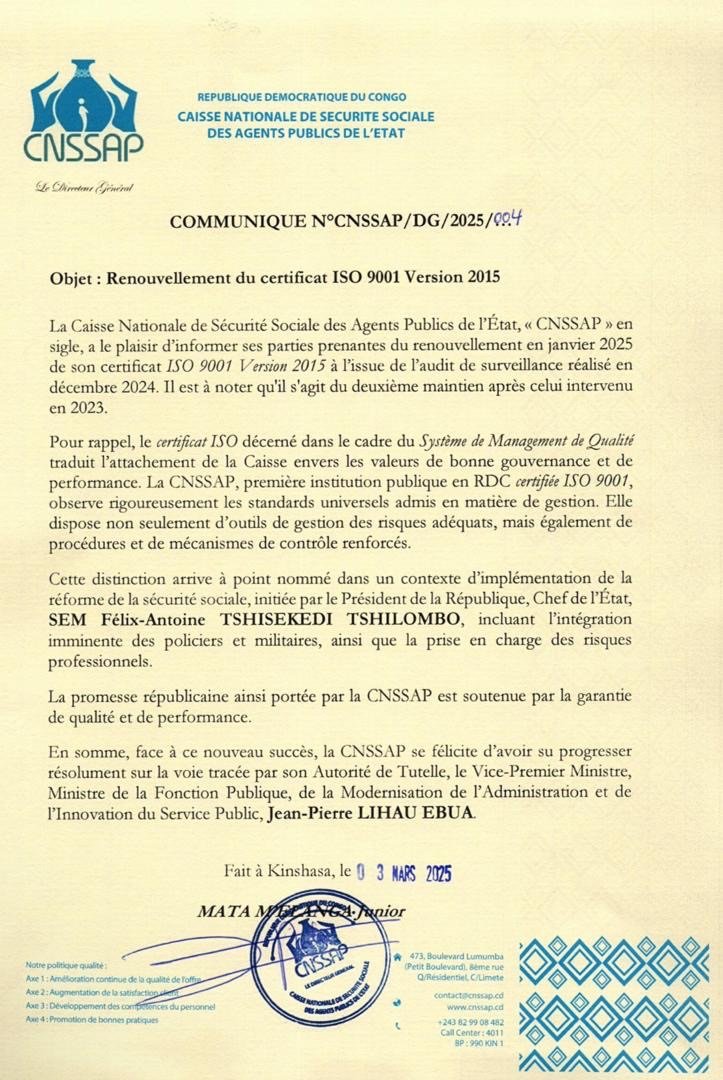 CNSSAP : RENOUVELLEMENT DU CERTIFICAT ISO 9001 VERSION 2015