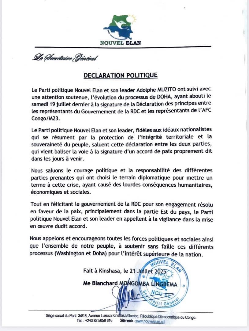 RDC : DÉCLARATION DE PRINCIPES DE DOHA , LE NOUVEL ÉLAN D’ADOLPHE MUZITO FÉLICITE LES PARTIES ET APPELLE LA NATION À LA VIGILANCE RDC : DÉCLARATION DE PRINCIPES DE DOHA , LE NOUVEL ÉLAN D’ADOLPHE MUZITO FÉLICITE LES PARTIES ET APPELLE LA NATION À LA VIGILANCE