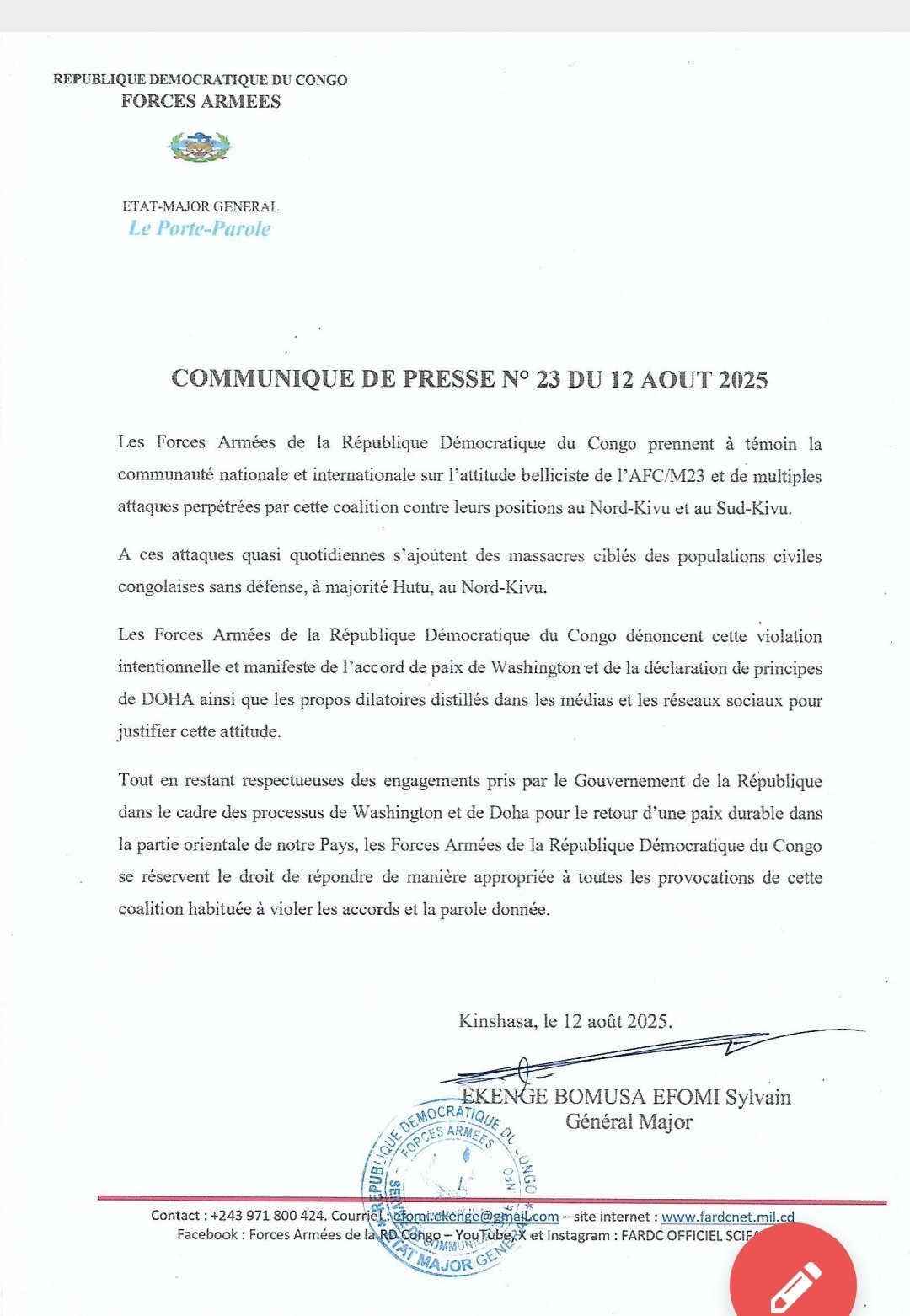 RDC : LES FARDC ACCUSENT LE M23/AFC DE MASSACRER DES CIVILS ET DE VIOLER LES ACCORDS DE WASHINGTON ET DE DOHA RDC : LES FARDC ACCUSENT LE M23/AFC DE MASSACRER DES CIVILS ET DE VIOLER LES ACCORDS DE WASHINGTON ET DE DOHA