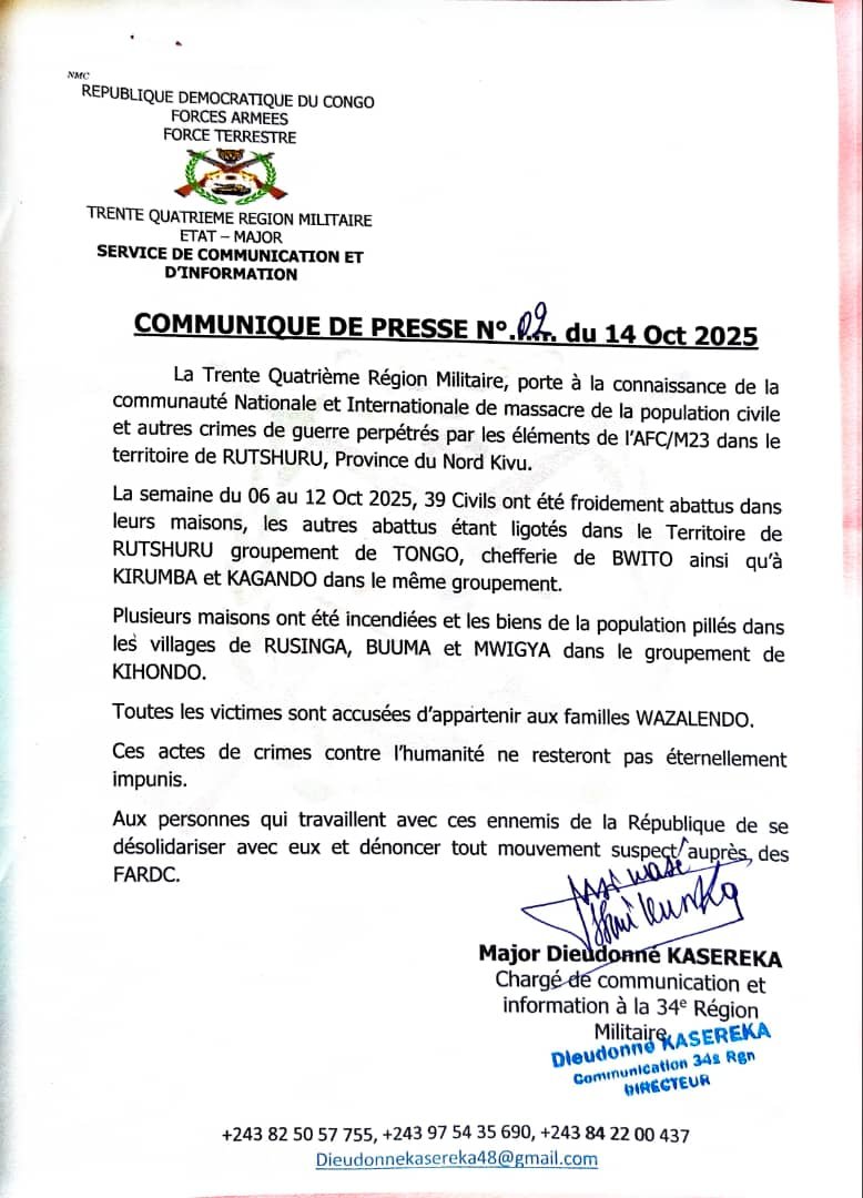 RDC / NORD – KIVU : 39 CIVILS FROIDEMENT ABATTUS PAR LE M23/AFC À RUTSHURU  DÉNONCENT LES FARDC RDC / NORD – KIVU : 39 CIVILS FROIDEMENT ABATTUS PAR LE M23/AFC À RUTSHURU  DÉNONCENT LES FARDC