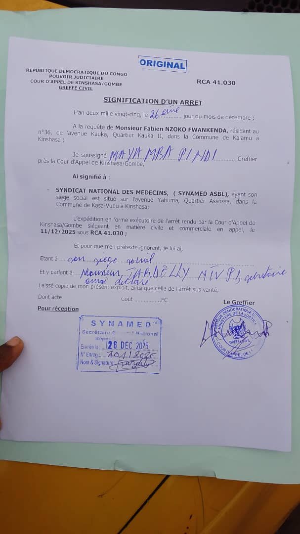 RDC : CONFLIT ENTRE SYNAMED ET DOCTEUR  FLAVIEN NZOKO ,  LA COUR D&rsquo;APPEL DE KINSHASA GOMBE CONFIRME L&rsquo; ARRET  DU TRIBUNAL DE GRANDE INSTANCE DE KALAMU…