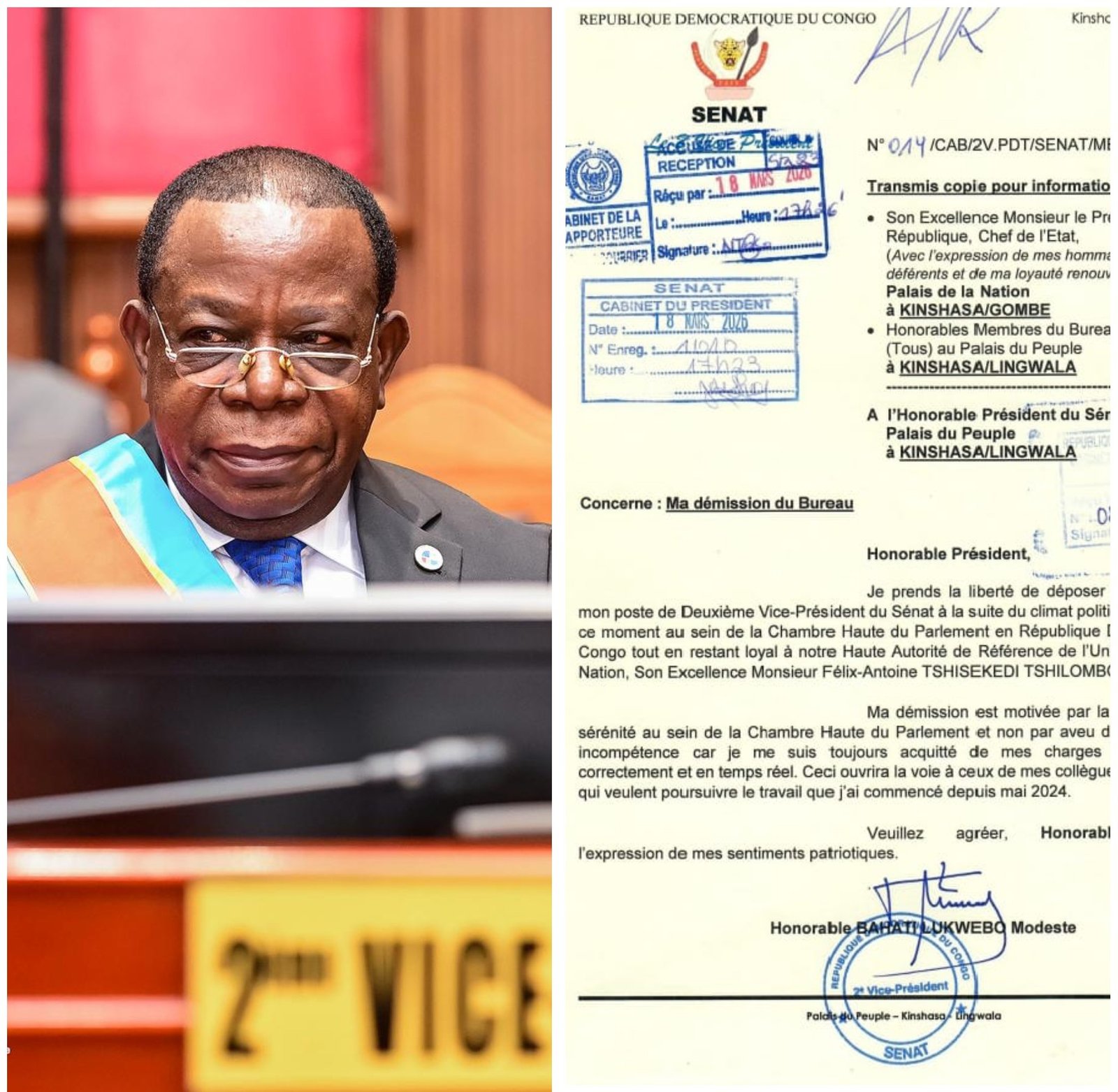 Modeste Bahati démissionne de son poste de Deuxième Vice-Président du Sénat