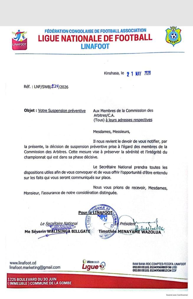 La RDC : SUSPENSION DES MEMBRES DE LA COMMISSION DES ARBITRES PAR LA LINAFOOT , UNE FUITE EN AVANT OU AVEU DE COMPLICITÉ  ?