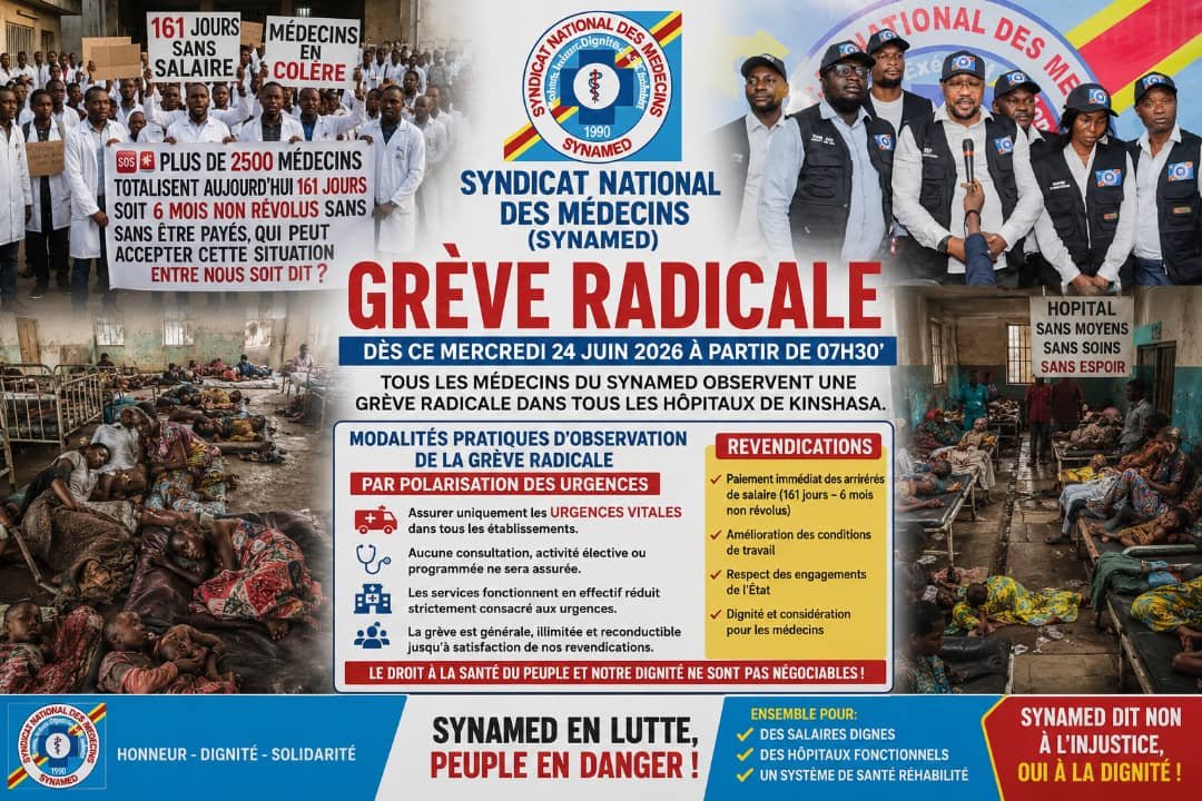 RDC : LES MÉDECINS DES SERVICES PUBLICS MEMBRES DU SYNAMED ABANDONNENT LES MALADES AU PROFIT DE LA GREVE CE MERCREDI 24 JUIN RDC : LES MÉDECINS DES SERVICES PUBLICS MEMBRES DU SYNAMED ABANDONNENT LES MALADES AU PROFIT DE LA GREVE CE MERCREDI 24 JUIN