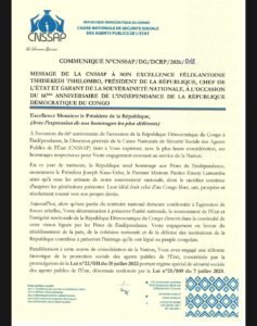 CNSSAP – VŒUX À SON EXCELLENCE MONSIEUR LE PRÉSIDENT DE LA RÉPUBLIQUE À L&rsquo;OCCASION DU 66ᵉ ANNIVERSAIRE DE L&rsquo;INDÉPENDANCE DE LA RDC