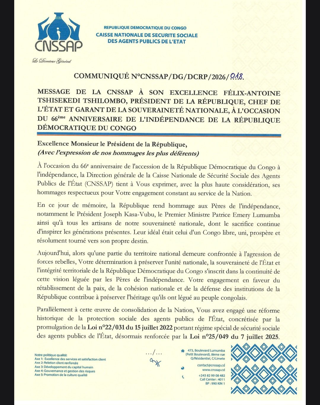 CNSSAP – VŒUX À SON EXCELLENCE MONSIEUR LE PRÉSIDENT DE LA RÉPUBLIQUE À L&rsquo;OCCASION DU 66ᵉ ANNIVERSAIRE DE L&rsquo;INDÉPENDANCE DE LA RDC