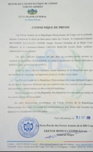 RDC : LE PREMIER COMMUNIQUÉ SIGNÉ PAR LE GÉNÉRAL EKENGE BOMUSA EFOMI ANNONCE DES ENQUÊTES À LA SUITE DU DÉCÈS TRAGIQUE DE DEUX OFFICIERS GÉNÉRAUX ET DE 12 AUTRES MEMBRES DE LA DÉLÉGATION