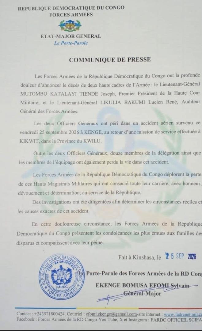 RDC : LE PREMIER COMMUNIQUÉ SIGNÉ PAR LE GÉNÉRAL EKENGE BOMUSA EFOMI ANNONCE DES ENQUÊTES À LA SUITE DU DÉCÈS TRAGIQUE DE DEUX OFFICIERS GÉNÉRAUX ET DE 12 AUTRES MEMBRES DE LA DÉLÉGATION