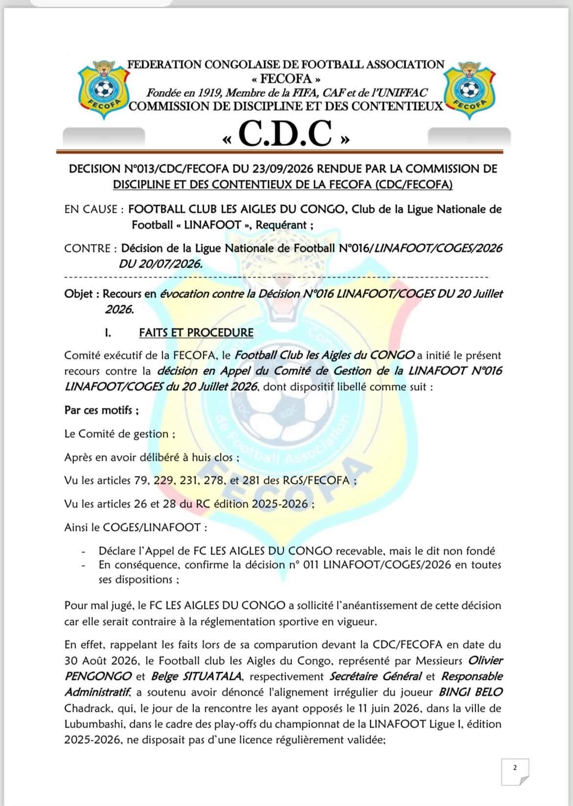 RDC / FECOFA : AFFAIRE BINGI BELO , LA CDC TRANCHE EN FAVEUR DU TP MAZEMBE