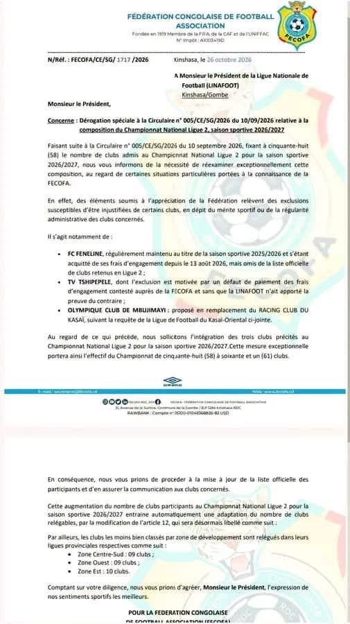 RDC : LINAFOOT LIGUE 2 , LA FÉCOFA SOLLICITE LE PASSAGE DE 58 À 61 CLUBS POUR LA 9ᵉ ÉDITION