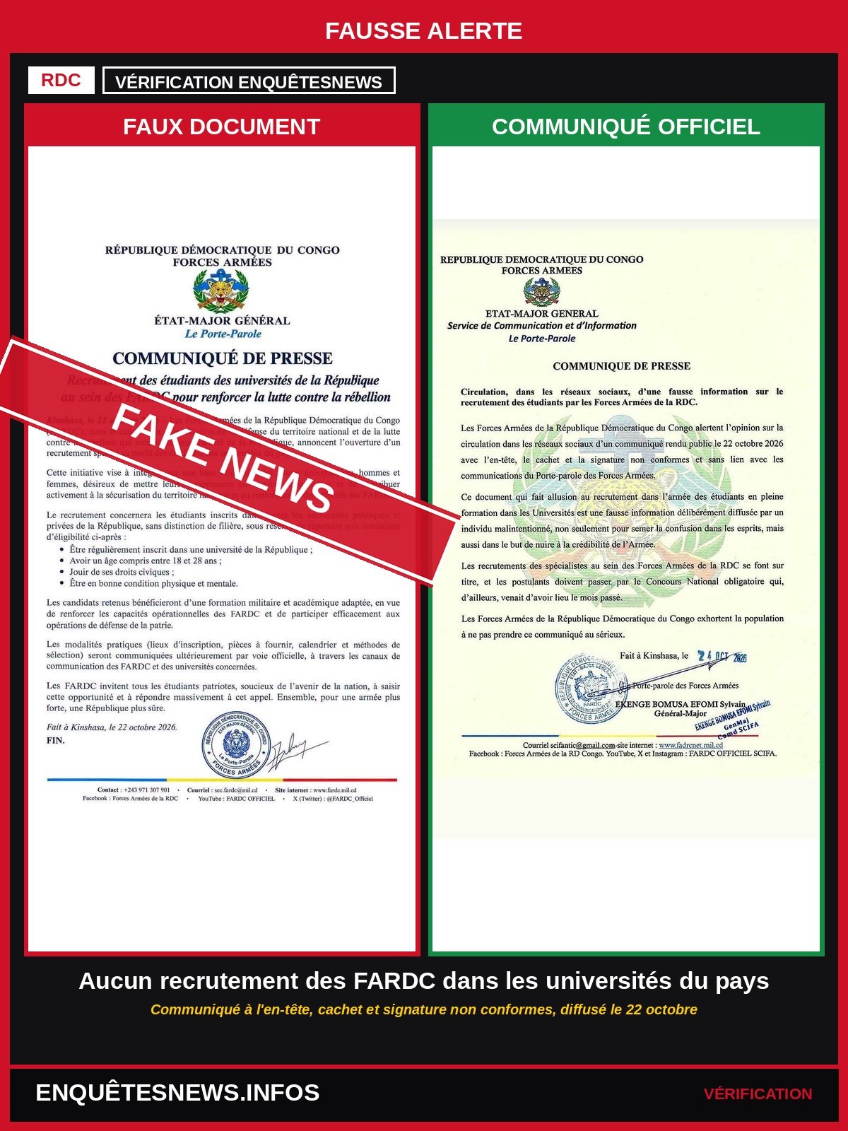 RDC : FAUSSE ALERTE, AUCUN RECRUTEMENT DES FARDC DANS LES UNIVERSITÉS DU PAYS
