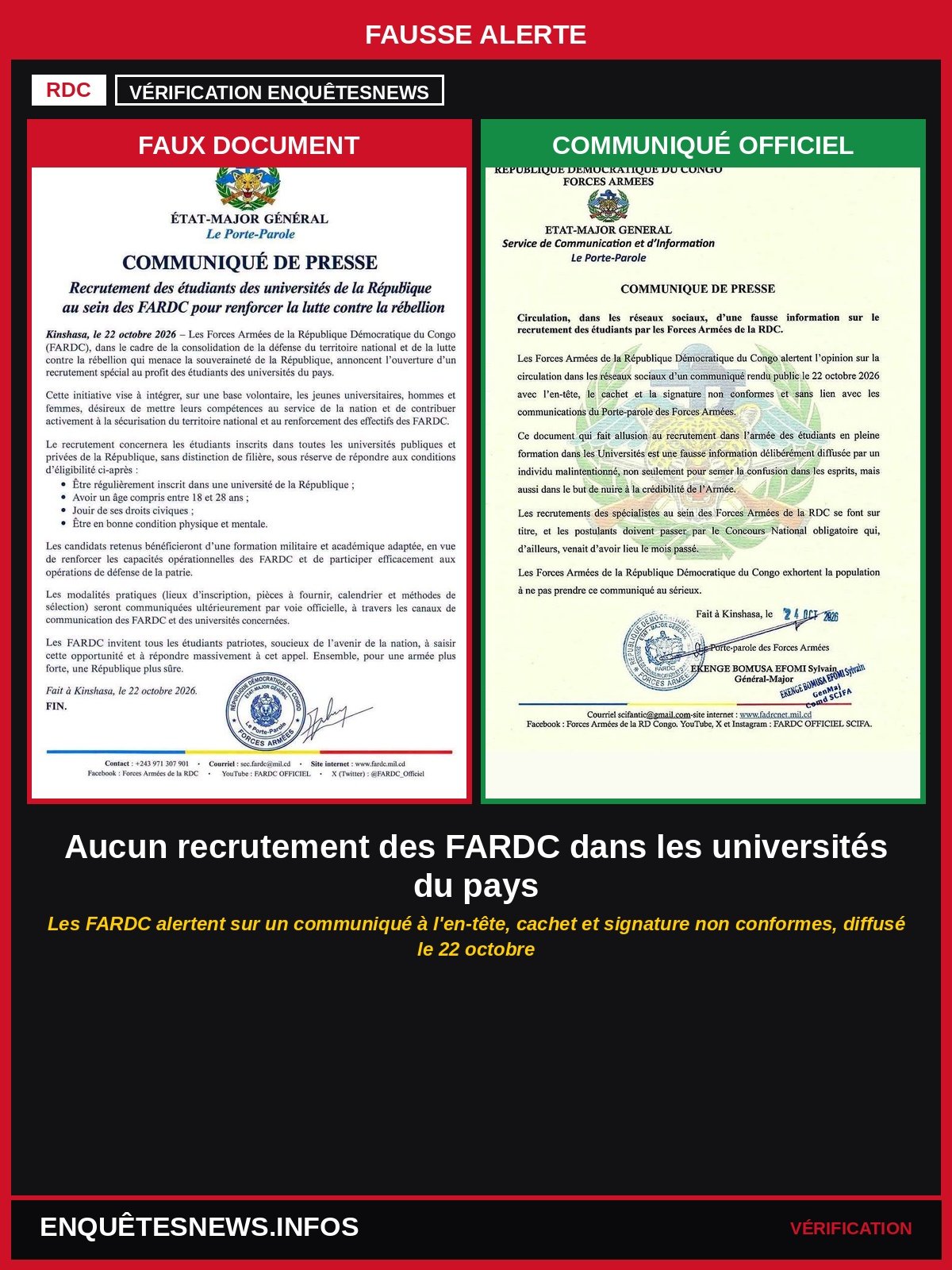 RDC : FAUSSE ALERTE, AUCUN RECRUTEMENT DES FARDC DANS LES UNIVERSITÉS DU PAYS